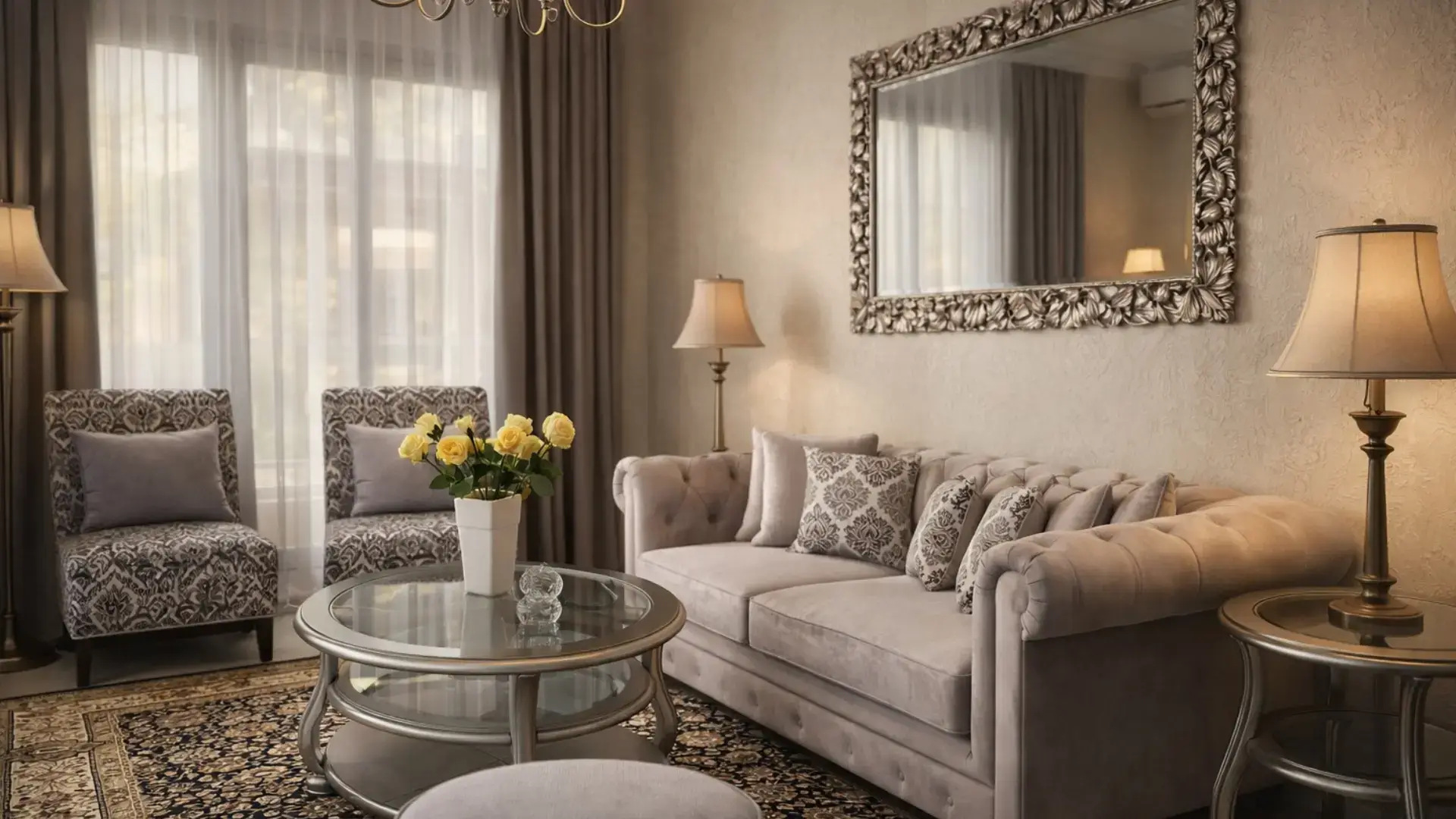 Ruang tamu elegan dengan sofa tufted, cermin ornamen, dan pencahayaan hangat — desain interior TooCozyhome