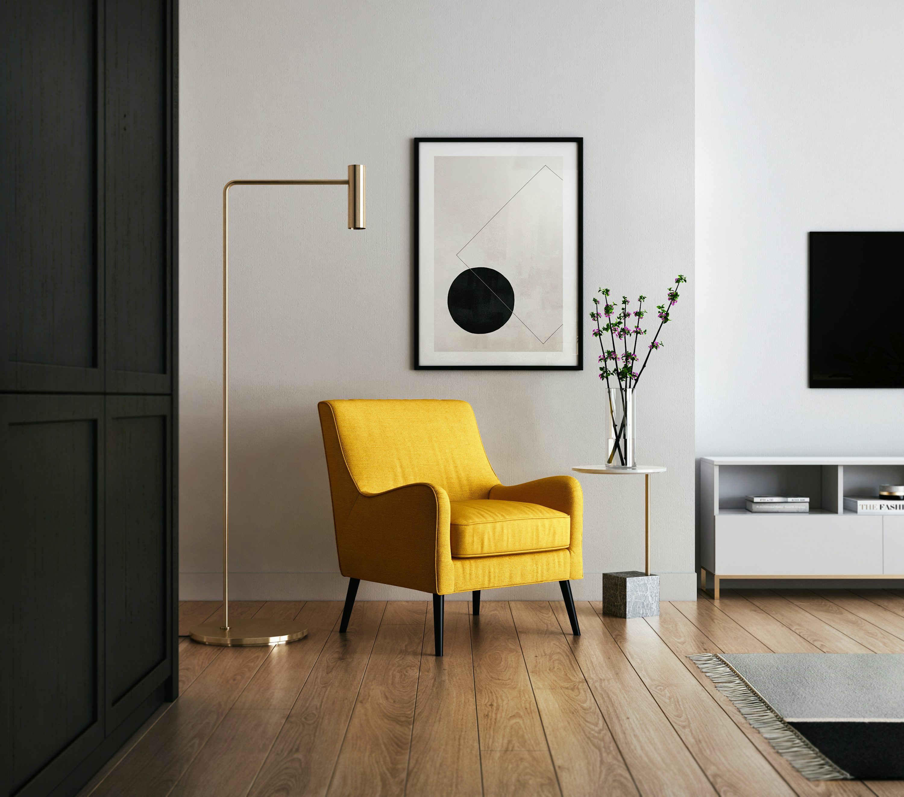 Minimalist living room with warm wood and stone